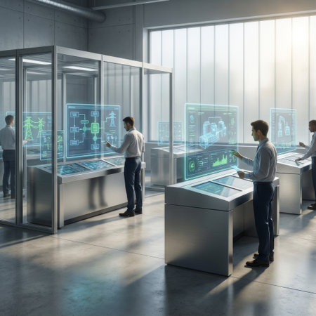 Engineers in a futuristic, sunlit industrial control room analyze complex data on glowing, transparent holographic touchscreens, managing advanced technological systems.の素材