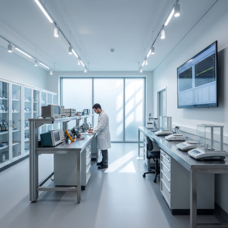 A focused scientist in a white lab coat works at a workbench in a pristine, modern laboratory, surrounded by advanced electronic testing equipment and precision scales.の素材