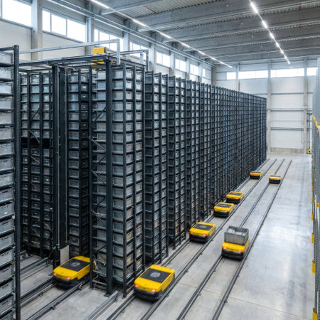 High-angle view of a state-of-the-art automated warehouse. A fleet of yellow robots moves along tracks, servicing immense, high-density shelving units for efficient logistics.の素材