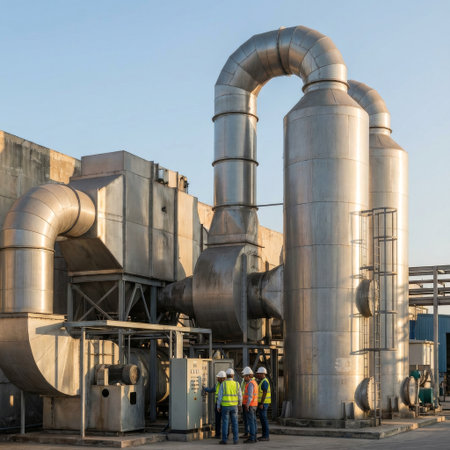 A team of four engineers in safety gear collaborates at a control panel, dwarfed by massive steel silos and ductwork at an industrial plant during the golden hour.の素材