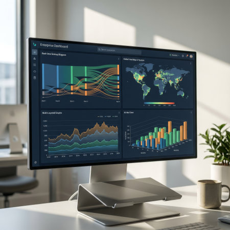 Close-up of a professional workstation where a monitor shows a detailed business intelligence dashboard, analyzing global data in a sunlit, minimalist office environment.の素材