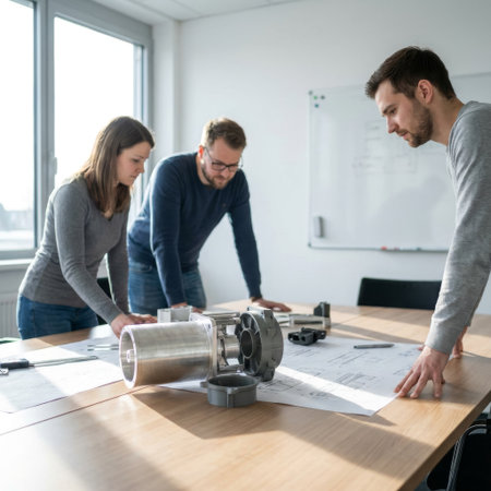 A focused team of three engineers, one woman and two men, collaborates over technical drawings and a prototype in a sunlit conference room, analyzing every detail of the design.の素材