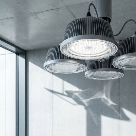 A low-angle view of a modern LED lighting fixture with finned aluminum lamps against a raw concrete ceiling. One bright lamp casts caustic light patterns on the wall.の素材