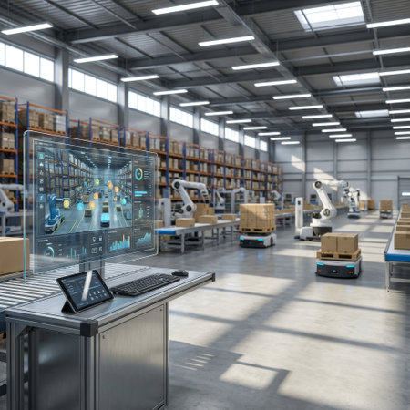 A futuristic smart warehouse operates with full automation, featuring robotic arms, AGVs, and a transparent AI control interface for managing logistics and supply chain operations.の素材