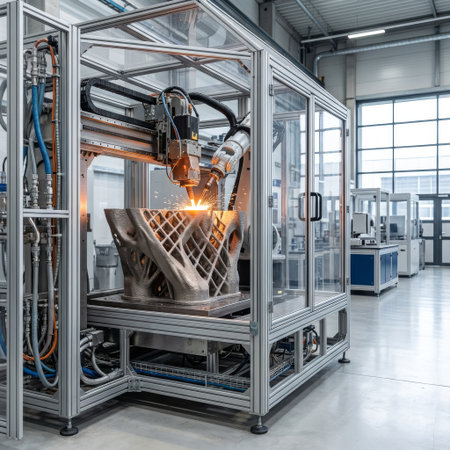 A robotic arm in a modern factory uses laser deposition to 3D print a complex metal component. Bright sparks fly, showcasing advanced additive manufacturing technology in action.の素材
