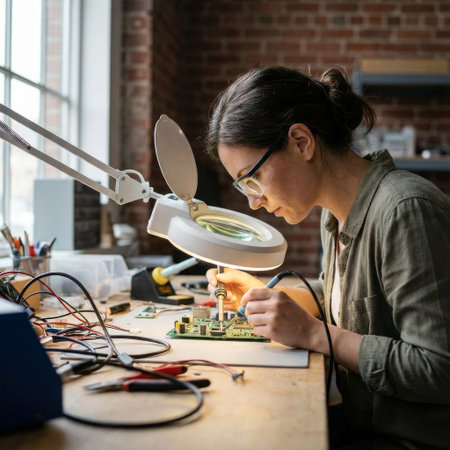 A focused female engineer in safety glasses meticulously solders a circuit board at her workbench, her face illuminated by a magnifying lamp in a sunlit, brick-walled workshop.の素材