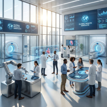 A diverse team of scientists and doctors collaborates in a sunlit, futuristic medical research center, using holographic interfaces, AI robotics, and advanced diagnostic equipment.の素材
