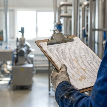 Close-up of an industrial worker's gloved hand holding a coffee-stained checklist on a clipboard. In the blurred background, factory machinery is visible under bright light.の素材