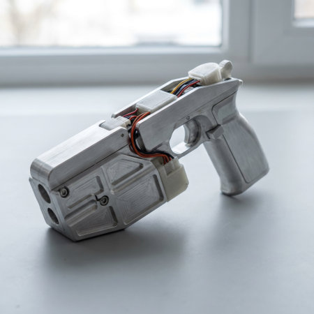 Close-up of a futuristic stun gun prototype. Its design showcases a blend of milled metal, 3D-printed plastic, and exposed electronic wiring, suggesting innovation and development.の素材
