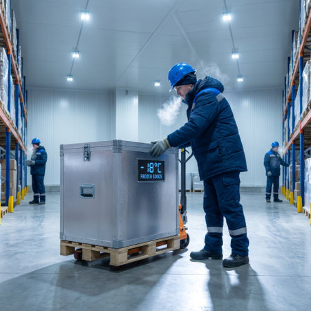 A worker in a blue uniform and hard hat moves a smart freezer container in a cold storage warehouse. His breath steams in the frigid air, as a digital display shows -18Â°C.の素材