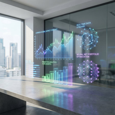 In a sunlit high-rise boardroom, an advanced AI projects a glowing holographic dashboard of financial market forecasts and predictive analytics onto a glass partition.の素材