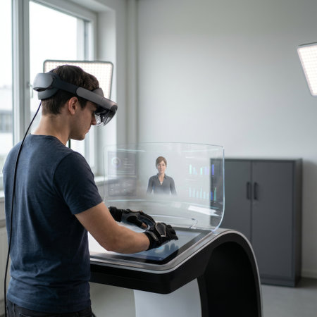 A focused man wears a VR headset and haptic gloves, interacting with a holographic AI avatar and data charts on a futuristic transparent display in a modern office.の素材