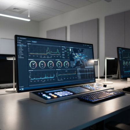 A futuristic workstation in a high-tech command center. A large screen displays complex global data analytics, graphs, and maps above an illuminated control panel and keyboard.の素材