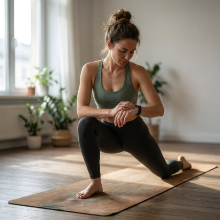 A focused woman in a lunge pose checks her smartwatch during a home workout. She is on a yoga mat in a bright, sunlit room with wooden floors and green plants.の素材