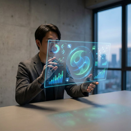 A focused Asian businessman in a modern office analyzes complex financial data on a futuristic, transparent touchscreen tablet displaying glowing holographic charts and graphs.の素材