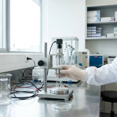 In a bright, clean lab, a technician meticulously adjusts a scientific device, analyzing a liquid sample in a glass beaker for research and development.の素材