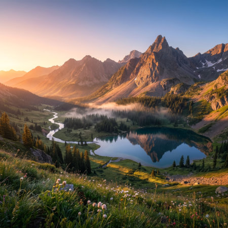 A breathtaking sunrise casts a golden glow on jagged peaks, perfectly reflected in a serene alpine lake. Mist blankets the valley, where a river winds through a lush forest.の素材
