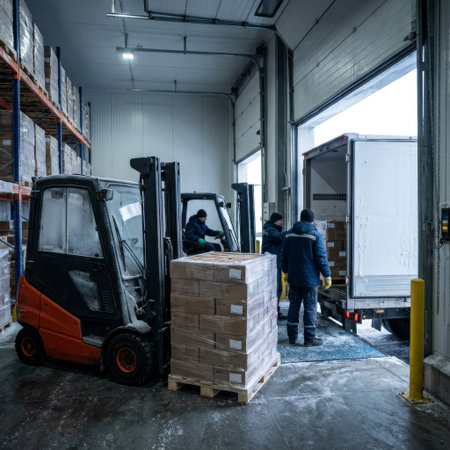 Three workers in a frigid, sub-zero warehouse use forklifts to load shrink-wrapped pallets of goods onto a frosted refrigerated truck at the loading dock.の素材