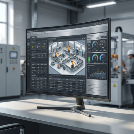 A curved monitor in a factory control room displays a high-tech dashboard for managing a robotic assembly line, showing real-time data, analytics, and an isometric 3D view.の素材