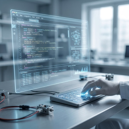 A scientist in a sterile lab types on a glowing keyboard, interacting with a floating, transparent screen displaying complex code, data, and schematics. A vision of future tech.の素材