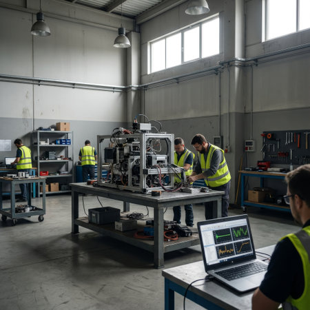 A team of focused engineers in safety vests collaborates on a complex machine prototype in a spacious, naturally lit industrial workshop, while one analyzes live data on a laptop.の素材