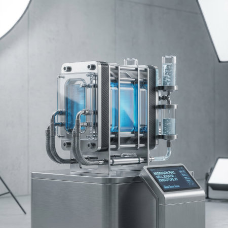 Showcasing Prototype X1, an advanced hydrogen fuel cell system. Intricate design with brushed metal, glass tubes, and bubbling blue liquid in a sterile, studio environment.の素材