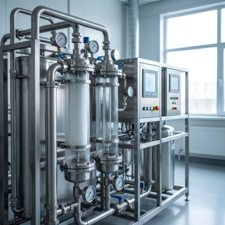 A high-tech liquid processing unit with gleaming steel pipes and glass columns operates in a sterile, sunlit laboratory, monitored by precise gauges and a digital panel.の素材