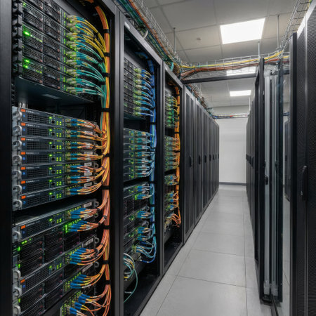 Inside a high-tech data center, a long corridor is flanked by server racks. Blinking green lights and dense, colorful fiber optic cables show a network in full operation.の素材
