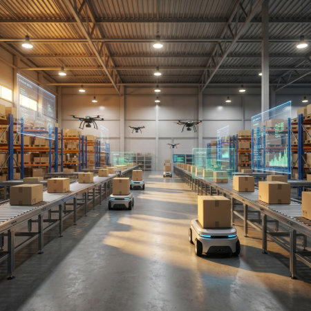 Inside a smart factory of the future, AGV robots and drones transport boxes along conveyor belts, operating seamlessly with augmented reality data interfaces for peak efficiency.の素材