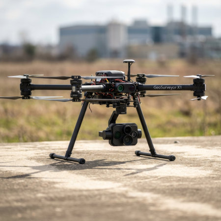 A professional GeoSurveyor X1 drone with a multi-sensor camera payload sits on a concrete pad, ready for an industrial surveying mission with a blurred factory in the background.の素材