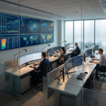 A diverse team of financial analysts works diligently in a high-tech command center, monitoring global market data on a large video wall and curved desktop monitors.の素材
