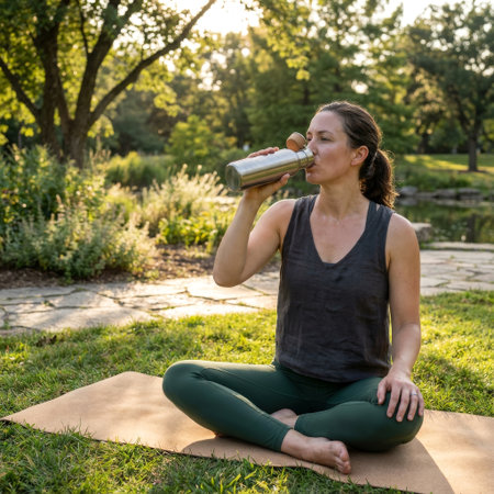 A woman in athletic wear sits cross-legged on a yoga mat in a sunlit park, hydrating from a reusable steel bottle after her workout, embodying a moment of peaceful wellness.の素材