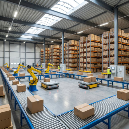 A high-tech warehouse where yellow robotic arms and AGVs automate parcel sorting on a conveyor system, overseen by workers, showcasing Industry 4.0 logistics.の素材