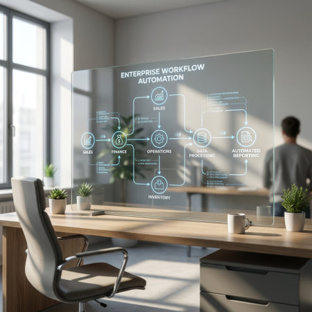 A professional analyzes an enterprise workflow automation flowchart on a futuristic transparent screen in a sunlit, modern office, illustrating business process management.の素材