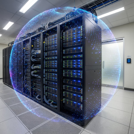Powerful server racks in a modern data center are enveloped by a luminous sphere of digital particles, visualizing concepts like cloud computing, big data, and global network security.の素材