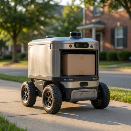 An autonomous delivery robot with a stainless steel body and rugged wheels carries a package along a suburban sidewalk during the warm glow of sunset, showcasing future logistics.の素材