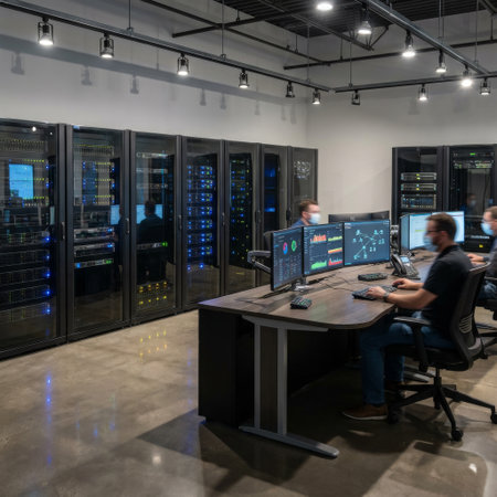 IT professionals work at a command center in a modern data center, monitoring network data on multiple screens surrounded by glowing blue server racks.の素材