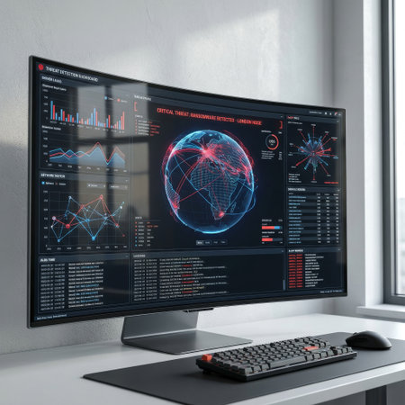 A high-tech cybersecurity dashboard on a sleek monitor displays a critical ransomware attack, visualizing the global threat with intricate data graphs and a 3D world map.の素材