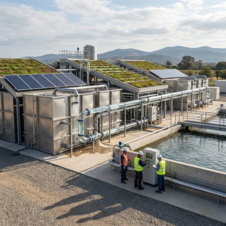 Three engineers in safety vests operate a control panel at a modern, eco-friendly water treatment plant featuring solar panels, green roofs, and a mountain landscape.の素材