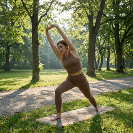 A focused woman in brown activewear performs a deep side stretch on her yoga mat during a serene, sunlit morning in a lush green park, embracing wellness and nature.の素材