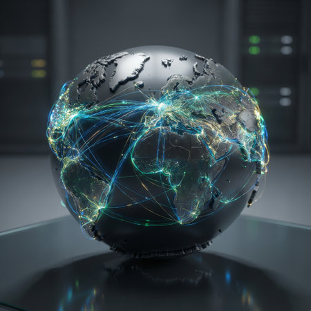 A detailed metallic globe sits in a server room, its surface crisscrossed by luminous lines of data, illustrating global networks, communication, and modern technology.の素材
