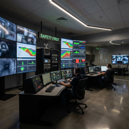 Two engineers in a modern command center monitor underground tunneling operations, analyzing real-time CCTV footage and complex geological data on multiple screens for safety.の素材
