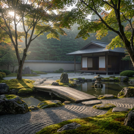 A serene Japanese Zen garden awakens at dawn. Golden sun rays pierce the morning mist, illuminating a wooden bridge, mossy rocks, and a tranquil pond with a stone lantern.の素材