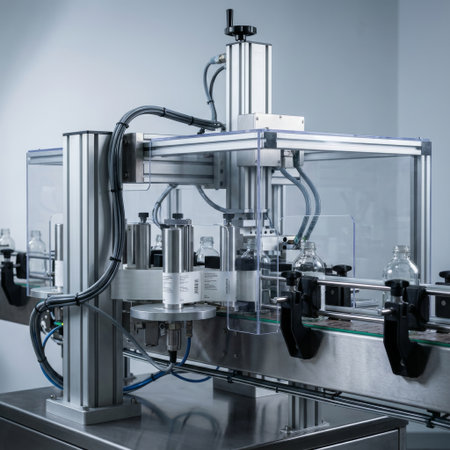 In a sterile industrial setting, a sophisticated labeling machine automates production, precisely applying stickers to glass bottles on a moving stainless steel conveyor line.の素材