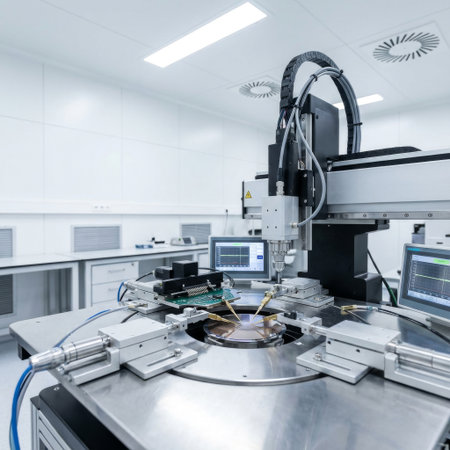 An automated wafer probe station with robotic arms and microscopic probes tests a silicon wafer in a sterile, high-tech cleanroom. Monitors display real-time analysis data.の素材