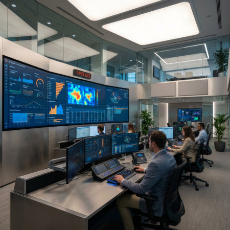 A diverse team of analysts works diligently in a state-of-the-art command center, monitoring complex data visualizations on a massive, curved video wall and multiple screens.の素材