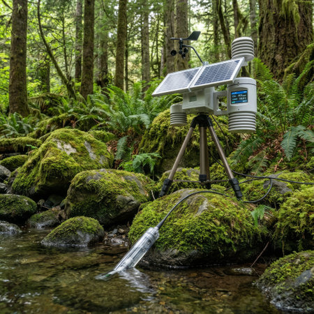 A portable, solar-powered environmental station conducts field research, its probe in a clear stream surrounded by mossy rocks and ferns in a dense, verdant forest.の素材