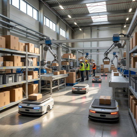 Futuristic warehouse automation in action. Autonomous robots and articulated arms manage inventory while workers monitor the advanced logistics and fulfillment process.の素材