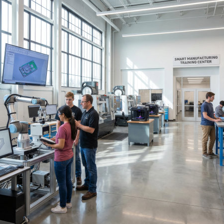An instructor guides two diverse students operating a collaborative robotic arm in a bright, modern Smart Manufacturing Training Center filled with high-tech equipment.の素材