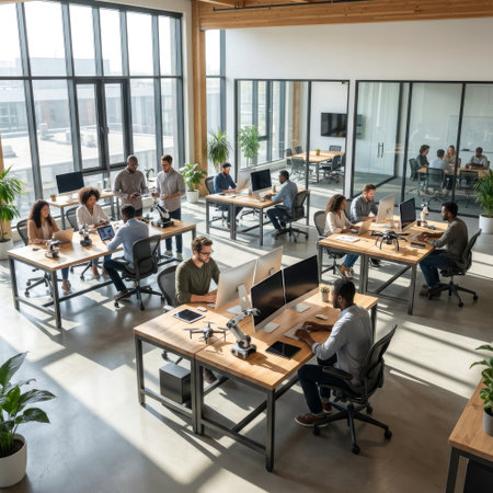High-angle shot of a diverse team of engineers and developers collaborating in a bright, modern, open-plan tech office, working on computers, drones, and robotic arms.の素材